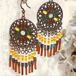 Beaded movement EARRINGS drop hanging statement medallion flower BOHO swing